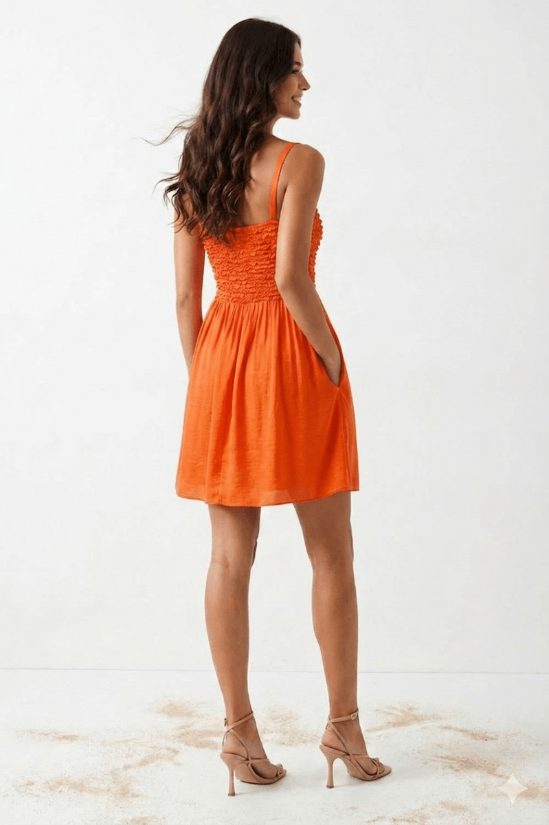 Vibrant Orange Cord Detail Smocking Mini Dress