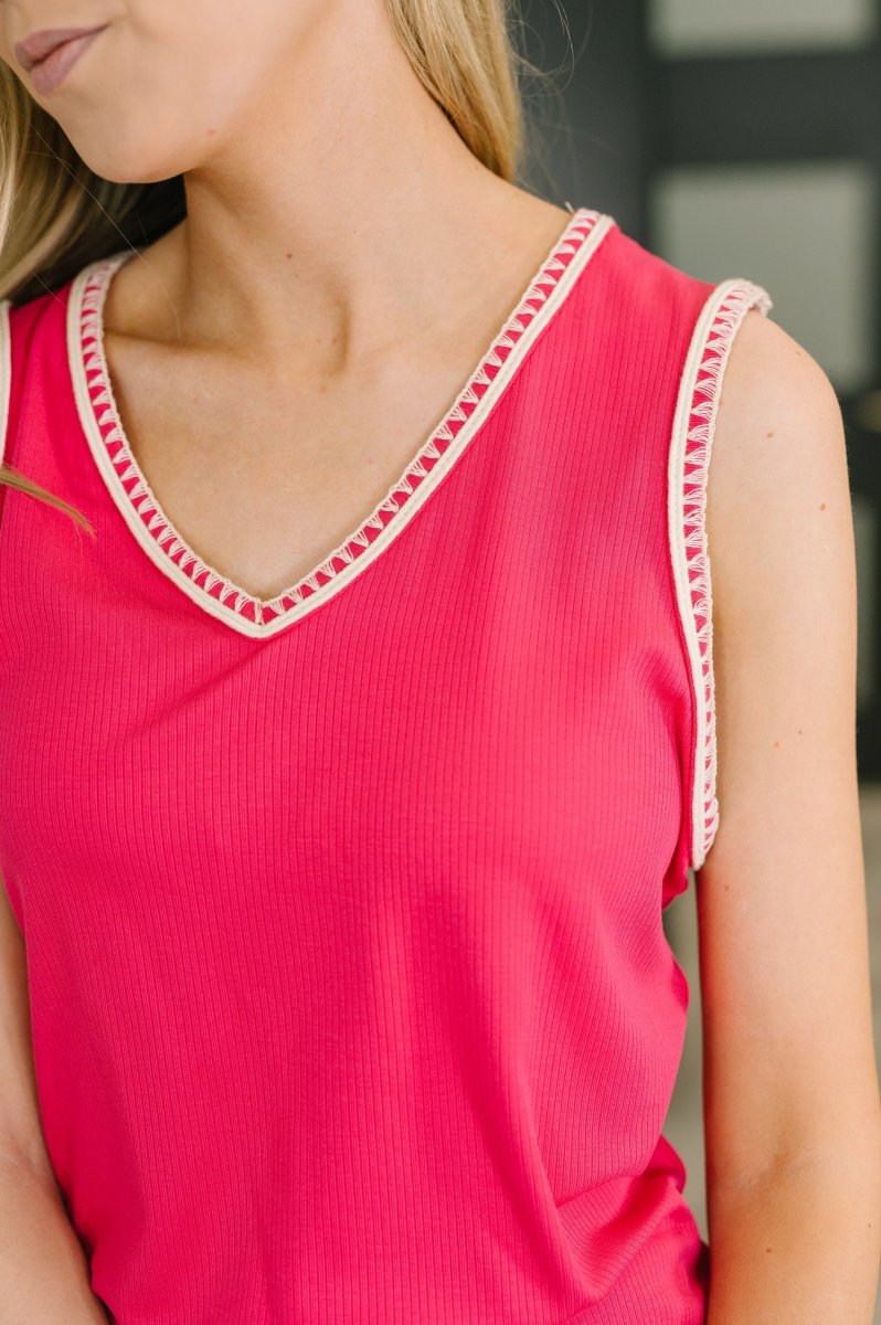 Whisper Trim Detailed V - Neck Tank in Hot Pink