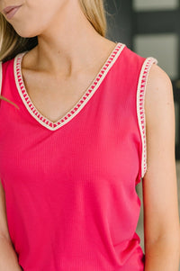 Whisper Trim Detailed V - Neck Tank in Hot Pink