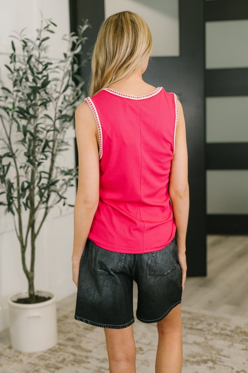 Whisper Trim Detailed V - Neck Tank in Hot Pink
