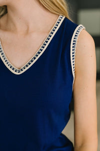 Whisper Trim Detailed V - Neck Tank in Navy