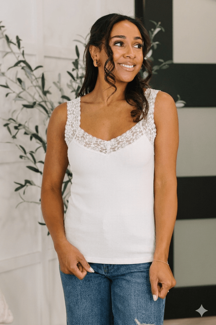 White Ribbed Lace Trim Tank Top