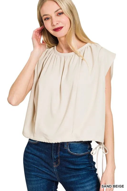 Woven Drawstring Tie Side Sleeveless Top - Minnie's Treasure Boutique