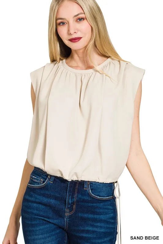 Woven Drawstring Tie Side Sleeveless Top - Minnie's Treasure Boutique
