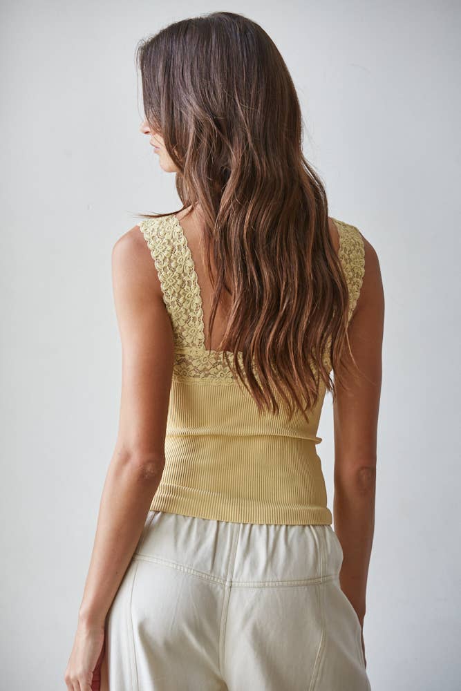 Yellow Knit Seamless Ribbed Tank Top with Lace Trim