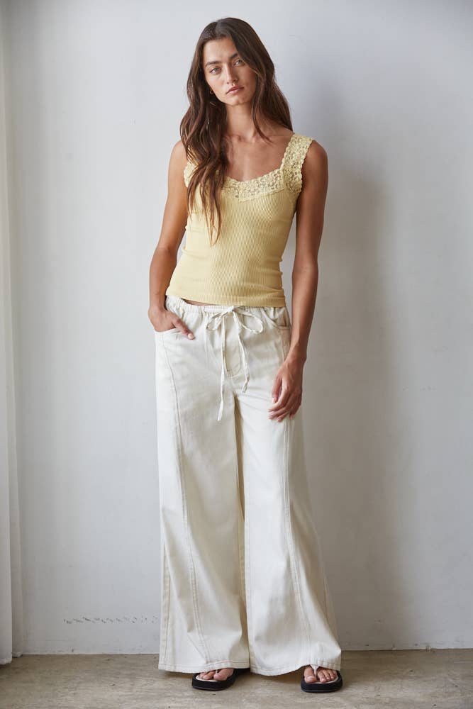 Yellow Knit Seamless Ribbed Tank Top with Lace Trim