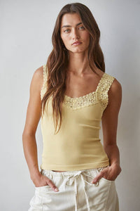 Yellow Knit Seamless Ribbed Tank Top with Lace Trim
