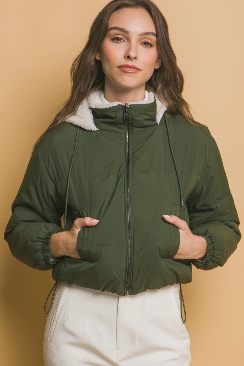 Zip Up Cropped Hooded Sherpa Reversible Jacket