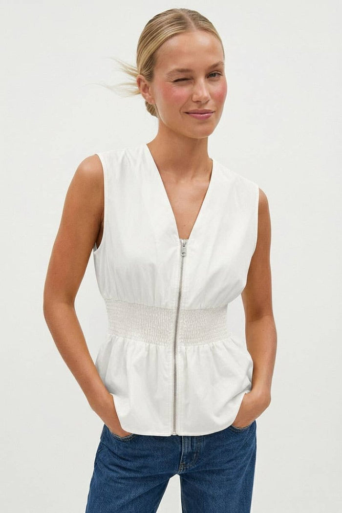 Zipped and Smocked Sleeveless Top in Two Colors