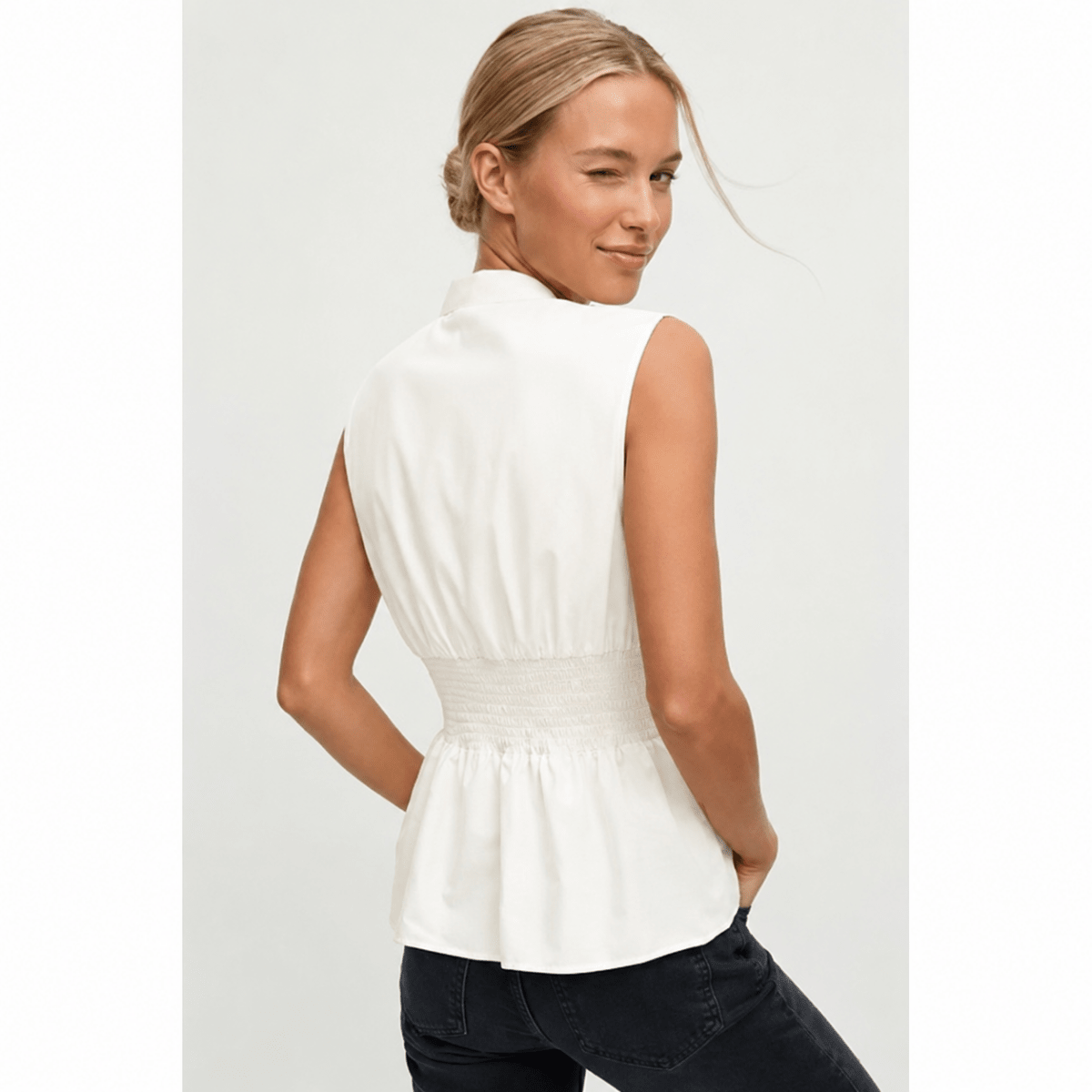 Zipped and Smocked Sleeveless Top in Two Colors