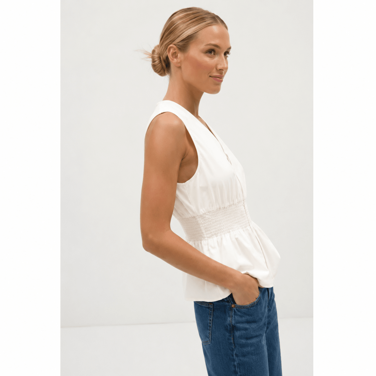 Zipped and Smocked Sleeveless Top in Two Colors