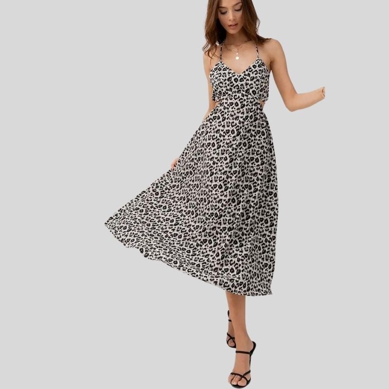 Flowy Leopard Print Cut-Out Deep V Maxi Dress-Minnie's Treasure Boutique