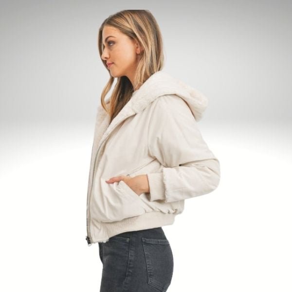Ivory Reversible Woven Jacket With Sherpa Lining
