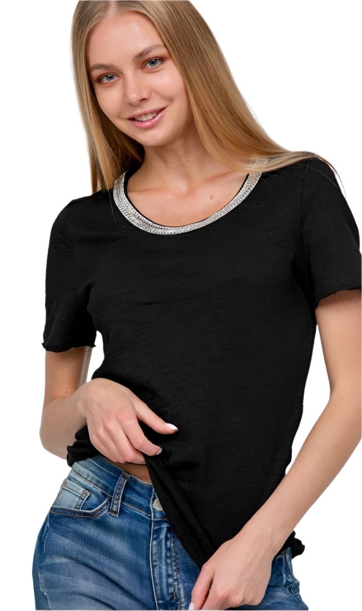 Bling It Black Studded Neck Detail Top