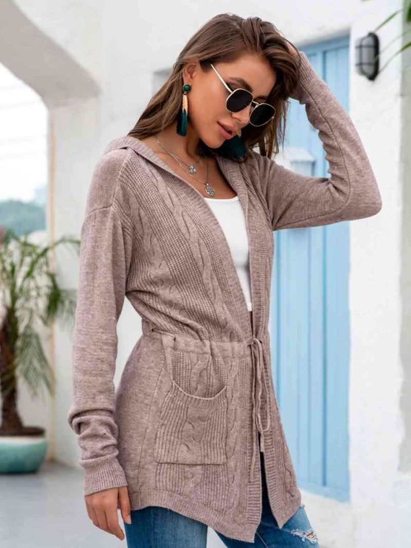 Cable-Knit Drawstring Hooded Cardigan