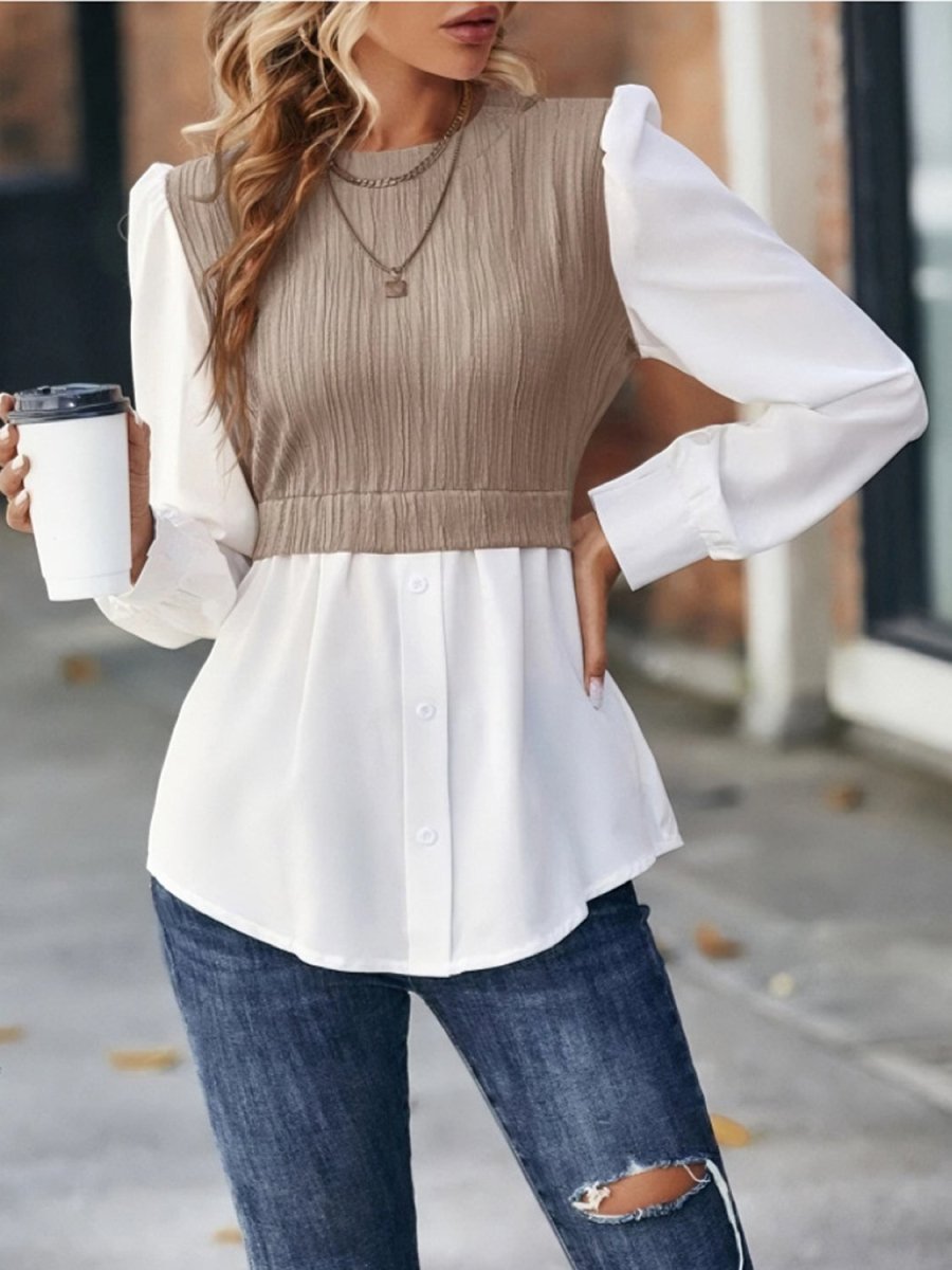 Contrast Round Neck Puff Sleeve Blouse-Minnie's Treasure Boutique