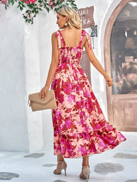 Floral Tie-Shoulder Frill Trim Smocked Dress-Minnie's Treasure Boutique