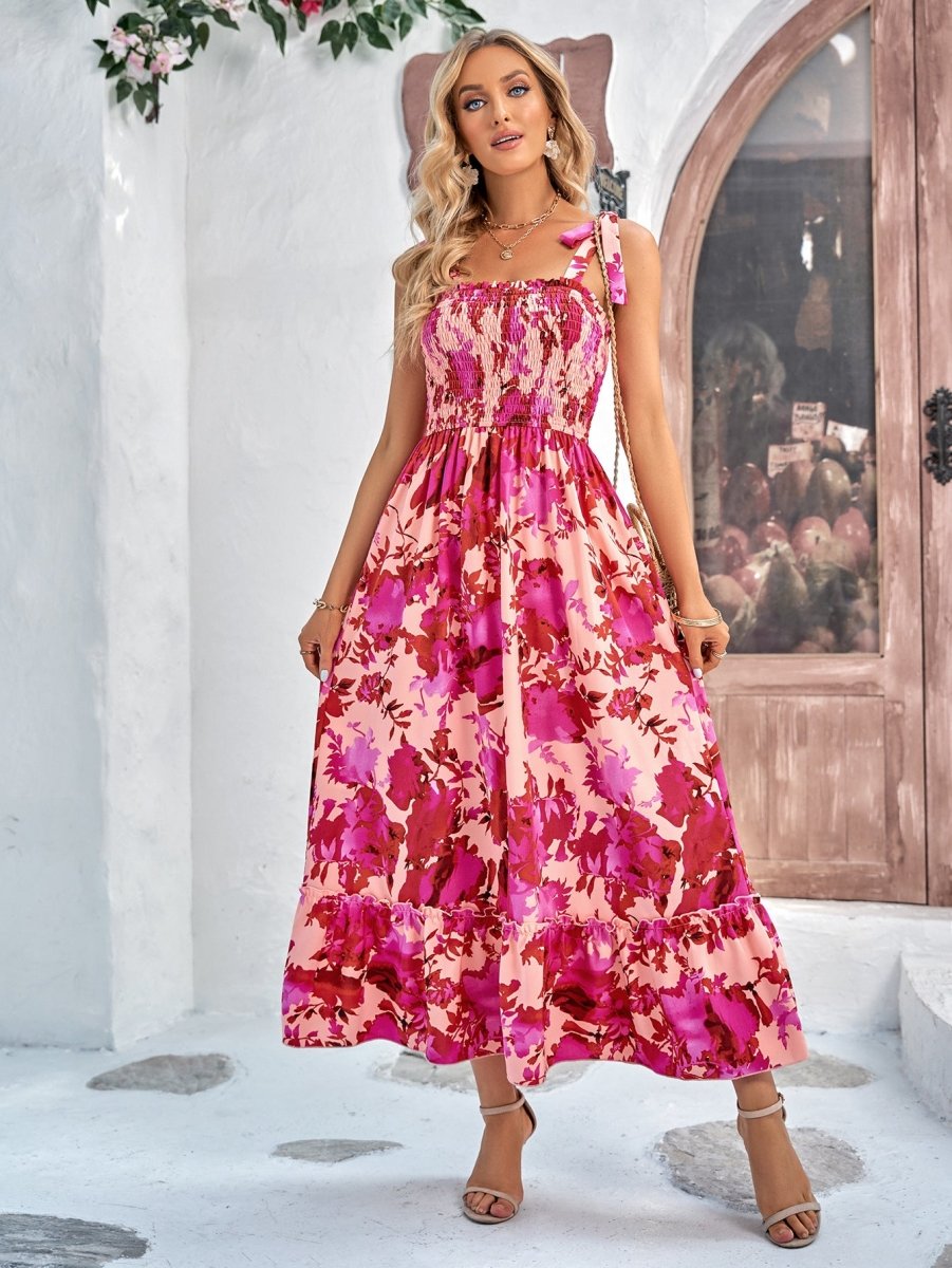 Floral Tie-Shoulder Frill Trim Smocked Dress-Minnie's Treasure Boutique