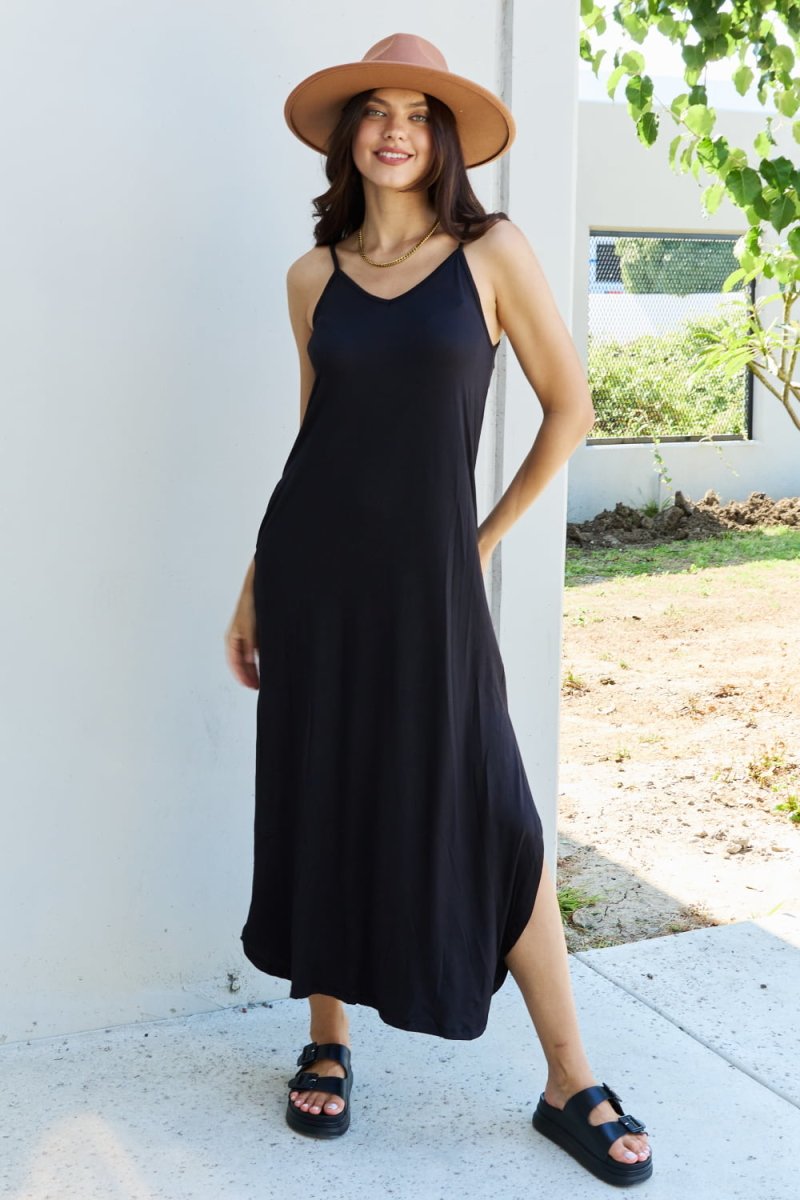 Good Energy Cami Side Slit Maxi Dress in Black-Minnie's Treasure Boutique