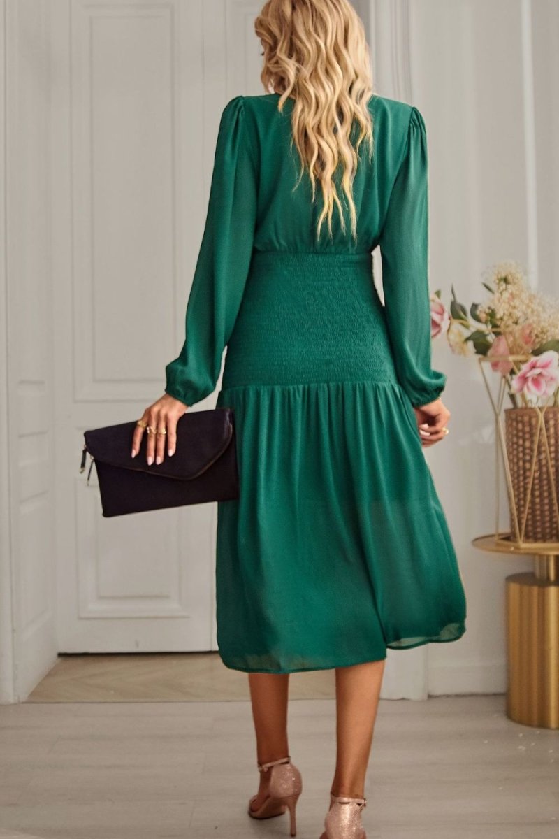 Green With Envy Smocked Mock Neck Midi Dress-Minnie's Treasure Boutique