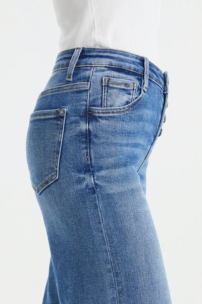 High Waist Button-Fly Raw Hem Wide Leg Jeans
