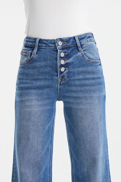High Waist Button-Fly Raw Hem Wide Leg Jeans