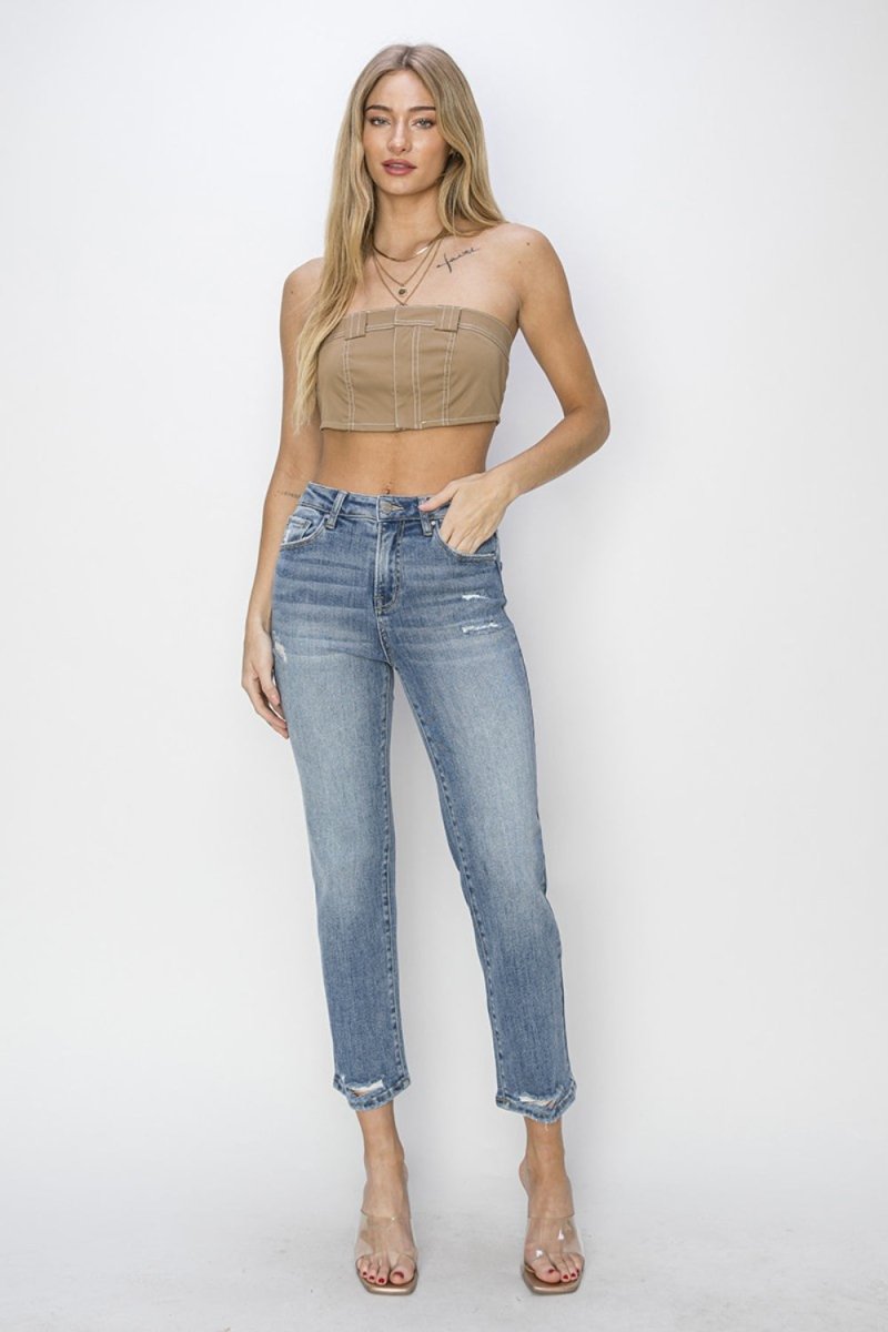 High Waist Distressed Cropped Jeans