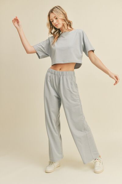Kimberly C Short Sleeve Cropped Top and Wide Leg Pants Set