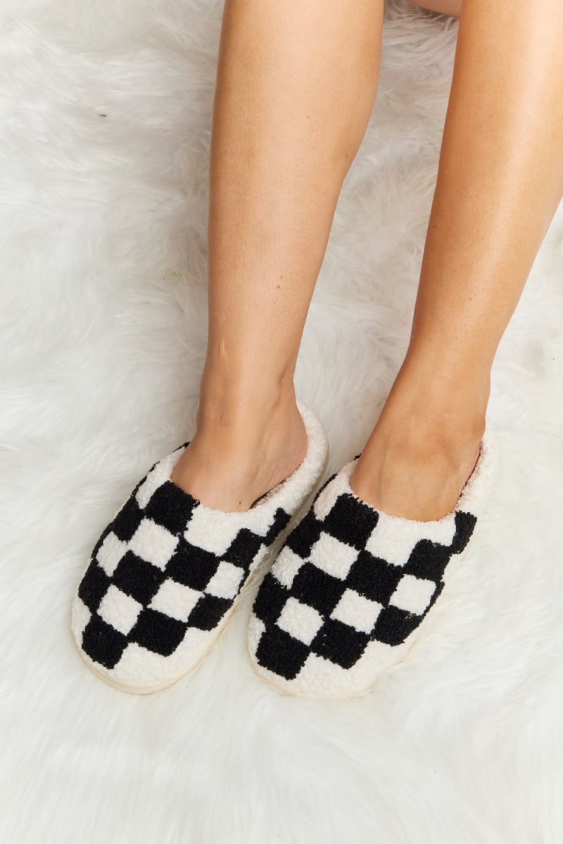 Melody Checkered Print Plush Slide Slippers-Minnie's Treasure Boutique