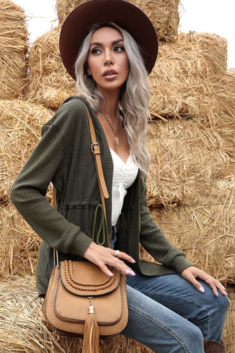 Out and About Drawstring Open Front Hooded Cardigan