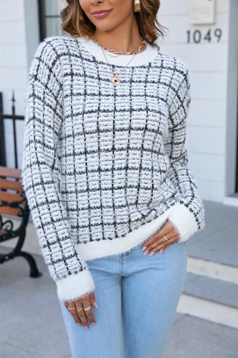 Plaid Round Neck Long Sleeve Sweater-Minnie's Treasure Boutique