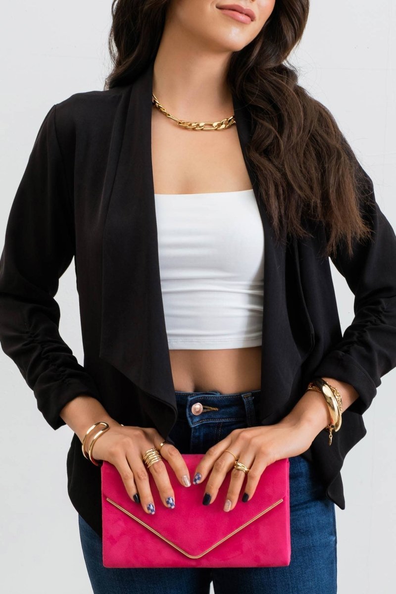 Rouched 3/4 Sleeve Open Front Blazer in Black