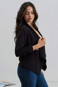 Rouched 3/4 Sleeve Open Front Blazer in Black