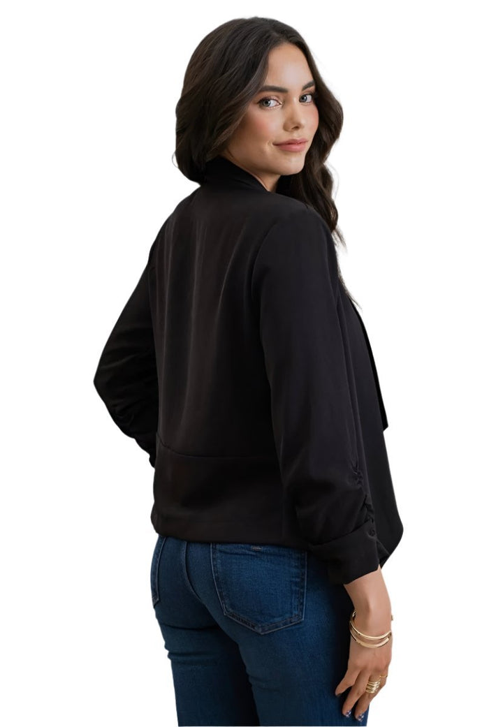 Rouched 3/4 Sleeve Open Front Blazer in Black