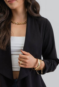 Rouched Sleeve Open Front Blazer in Black-Minnie's Treasure Boutique