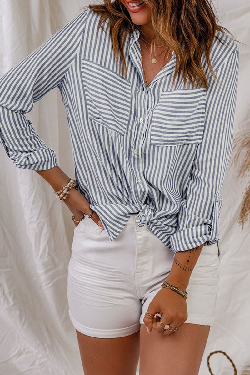 Striped Button-Up Roll-Tab Sleeve Shirt-Minnie's Treasure Boutique
