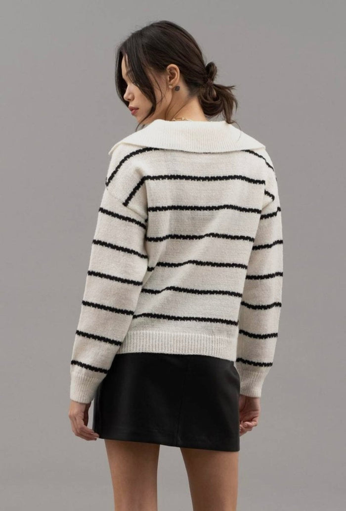 Striped Shawl Collar Knit Sweater-Minnie's Treasure Boutique
