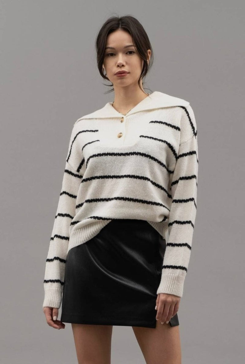 Striped Shawl Collar Knit Sweater-Minnie's Treasure Boutique