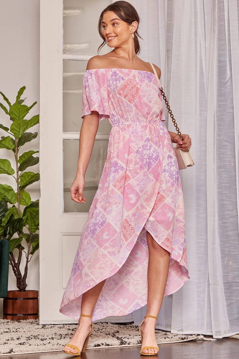 Summer Pink Printed Off Shoulder Dress-Minnie's Treasure Boutique